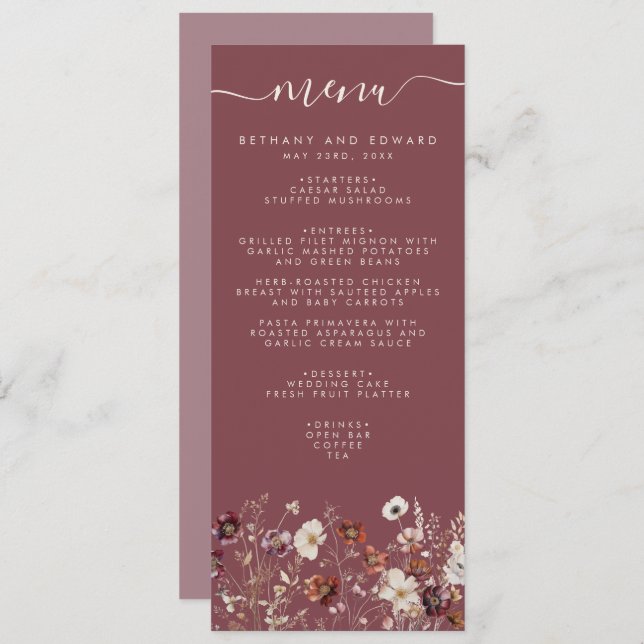 Whimsical Fall Dried Flowers Mauve Wedding Menu (Front/Back)