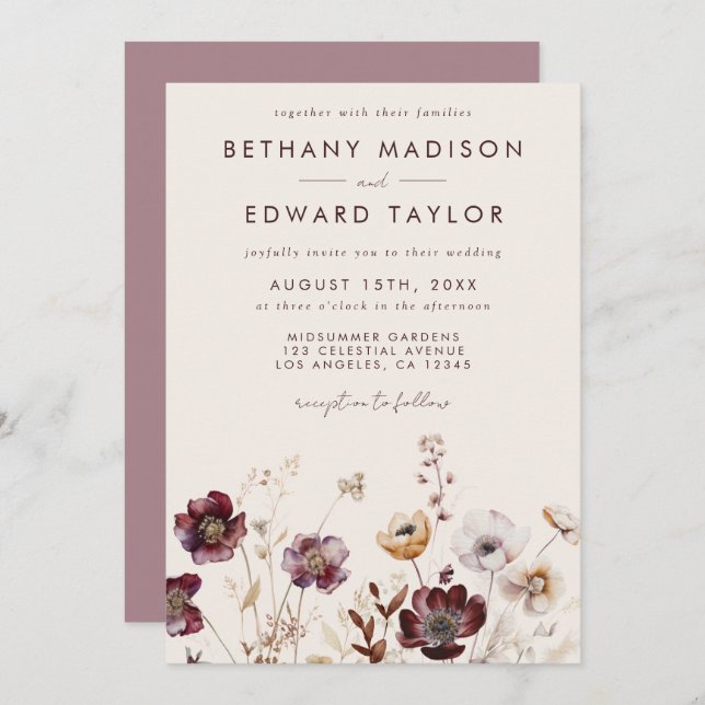 Whimsical Fall Floral Wedding Invitation (Front/Back)