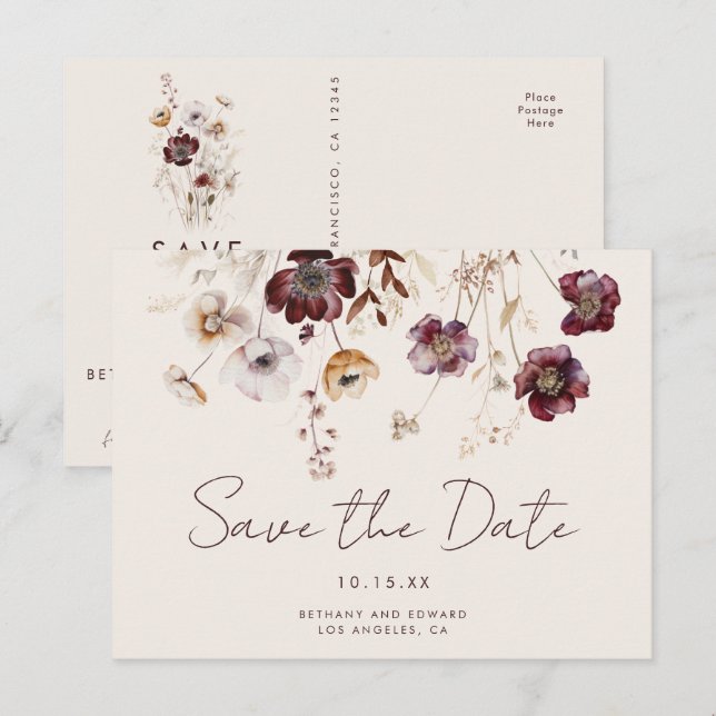 Whimsical Fall Floral Wedding Save the Date Postcard (Front/Back)