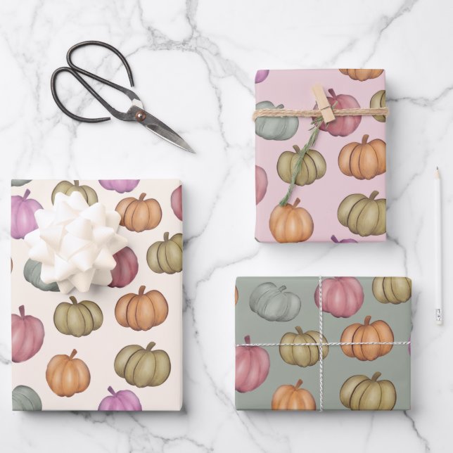 Whimsical Fall  Pastel Pumpkin Pattern Wrapping Paper Sheet (Front)