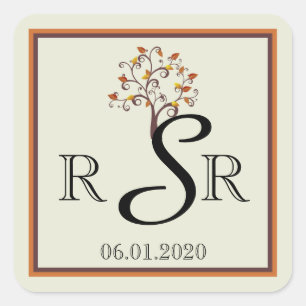 Whimsical Fall Tree Wedding Monogram Square Sticker