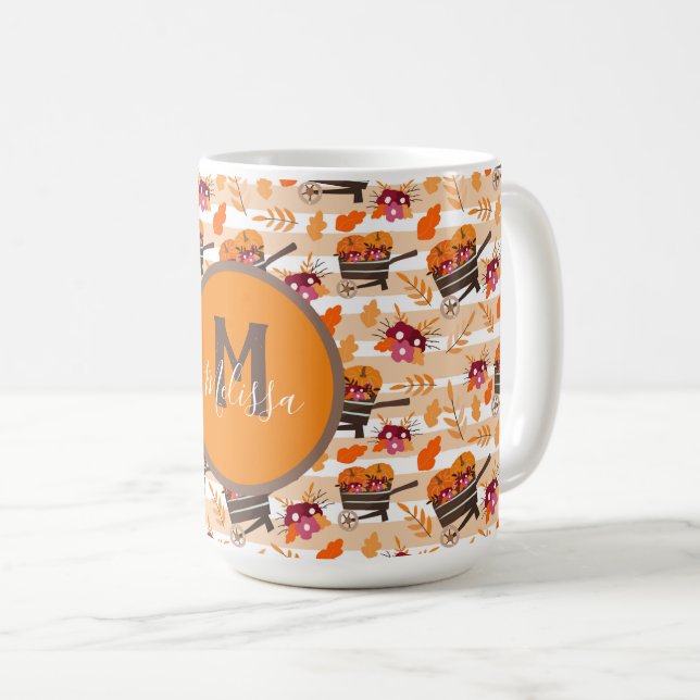 Whimsical Fall Wheelbarrows Pattern  Monogram Coffee Mug (Front Right)