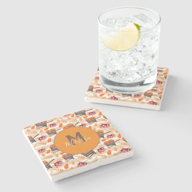 Whimsical Fall Wheelbarrows Pattern  Monogram  Stone Coaster (Side)