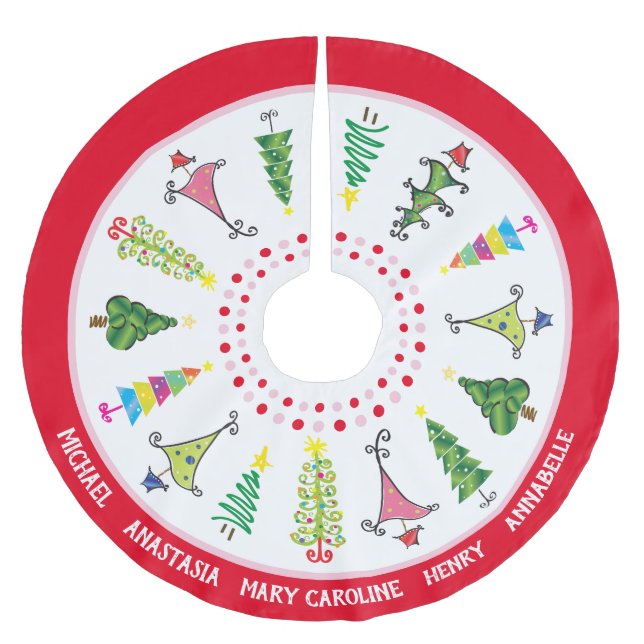 Whimsical Family Names Red Pink Christmas Trees Brushed Polyester Tree Skirt (Front)