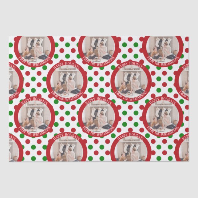 Whimsical Family Photo Red Green Polka Dot Holiday Tissue Paper (Front)