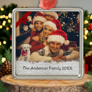Whimsical Family Photo Snow Red Bow Ornament