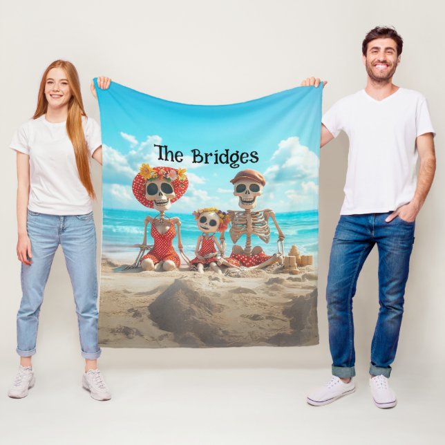Whimsical Family Skeleton Family of 3 On Beach  Fleece Blanket (In Situ)