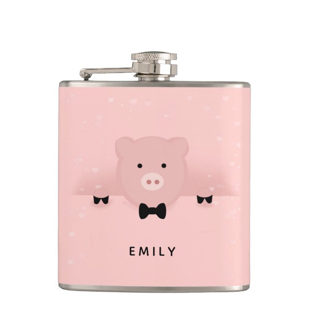 Whimsical & Fancy Pink Pig Cute Farm Animal Hip Flask (Front)