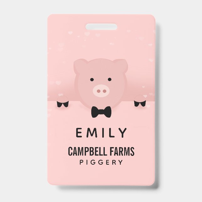 Whimsical & Fancy Pink Pig Cute Farm Animal ID Badge (Front)
