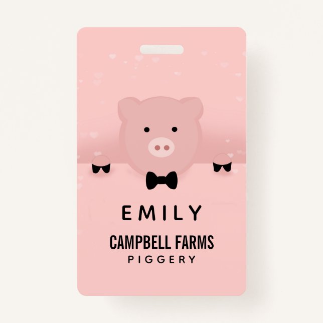 Whimsical & Fancy Pink Pig Cute Farm Animal ID Badge (Front)