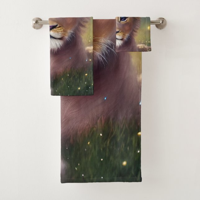 Whimsical Fantasy Cute Kawaii baby lion cub  Bath Towel Set (Insitu)