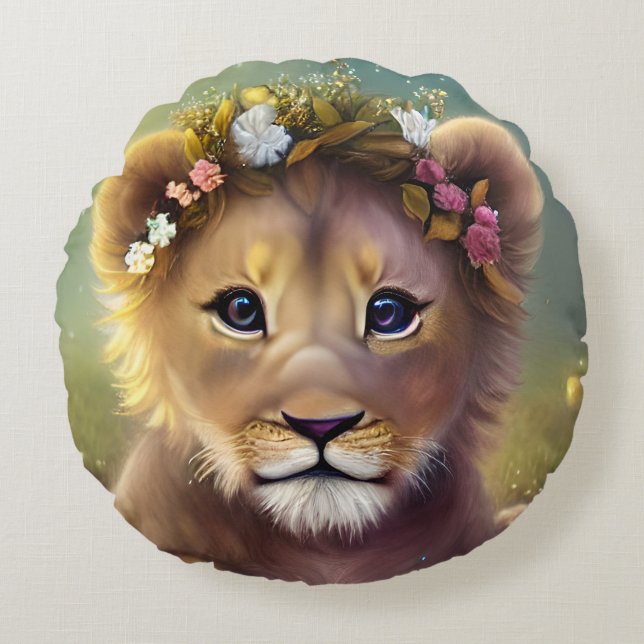 Whimsical Fantasy Cute Kawaii baby lion cub  Round Cushion (Front)