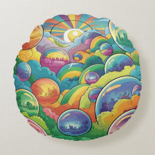 Whimsical fantasy fairycore retro bubbles round cushion