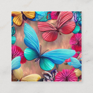 Whimsical fantasy flight of colourful butterflies  square business card