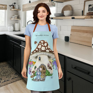 Whimsical Fantasy Mouse Mushroom House Floral Blue Apron