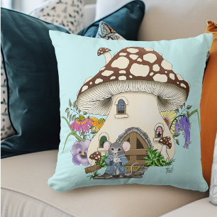 Whimsical Fantasy Mouse Mushroom House Floral Blue Cushion