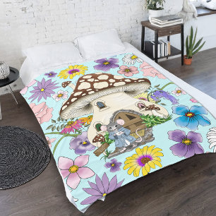 Whimsical Fantasy Mouse Mushroom House Floral Blue Fleece Blanket