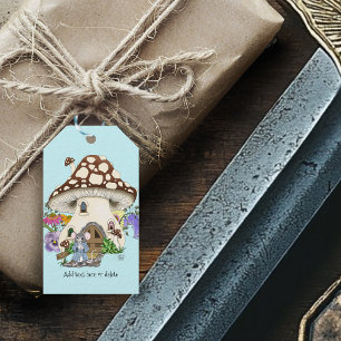 Whimsical Fantasy Mouse Mushroom House Floral Blue Gift Tags