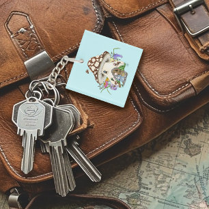 Whimsical Fantasy Mouse Mushroom House Floral Blue Key Ring