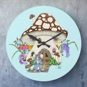 Whimsical Fantasy Mouse Mushroom House Floral Blue Large Clock