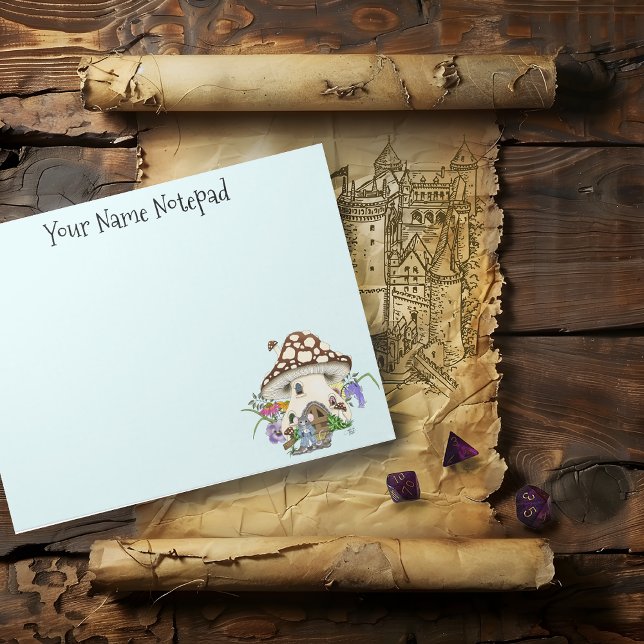 Whimsical Fantasy Mouse Mushroom House Floral Blue Notepad (Creator Uploaded)
