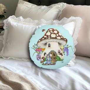 Whimsical Fantasy Mouse Mushroom House Floral Blue Round Cushion