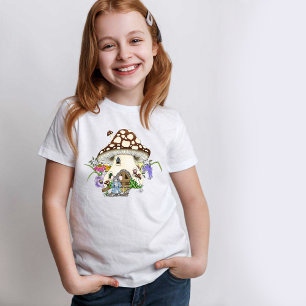 Whimsical Fantasy Mouse Mushroom House Floral Blue T-Shirt