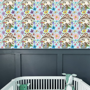 Whimsical Fantasy Mouse Mushroom House Floral Blue Wallpaper
