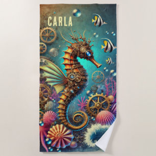 WHIMSICAL FANTASY STEAMPUNK SEAHORSE BEACH TOWEL