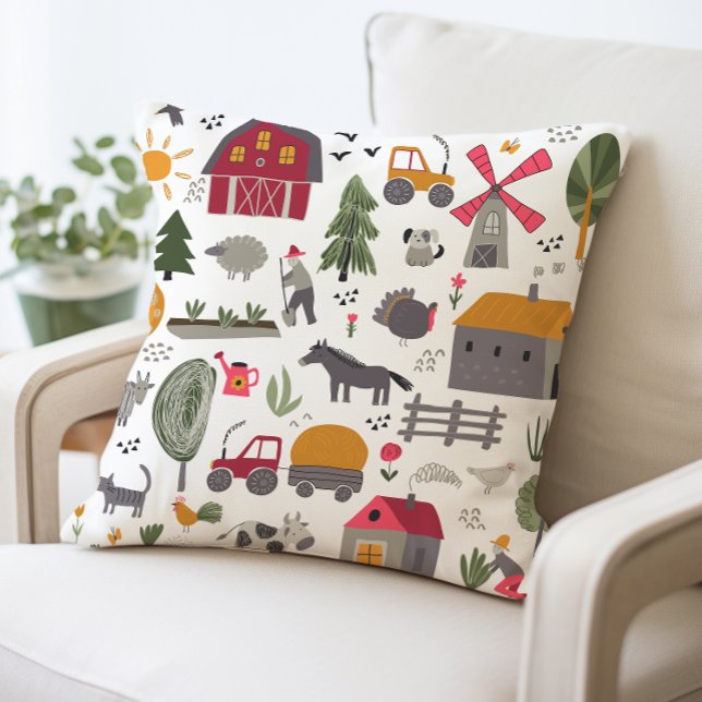 Whimsical Farm Scene Red Barn and Animals Cushion (Creator Uploaded)