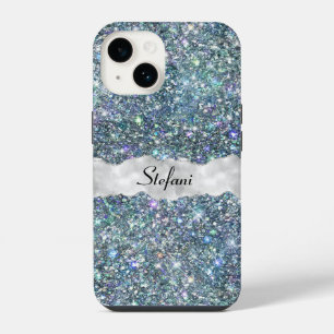 Whimsical Faux Blue and Silver Glitter Monogram iPhone 14 Case