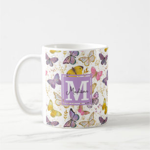 Whimsical Faux Gliitter Girly Butterflies Monogram Coffee Mug