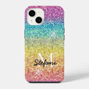 Whimsical Faux Ombre Rainbow Glitter Monogram iPhone 14 Case