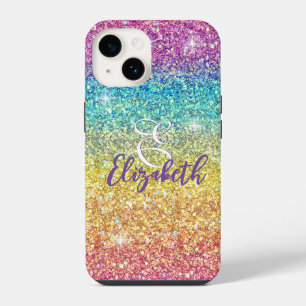 Whimsical Faux Ombre Rainbow Glitter Monogram iPhone 14 Case