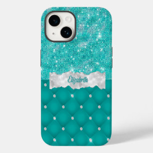 Whimsical Faux Turquoise Teal Glitter Monogram iPhone 14 Case