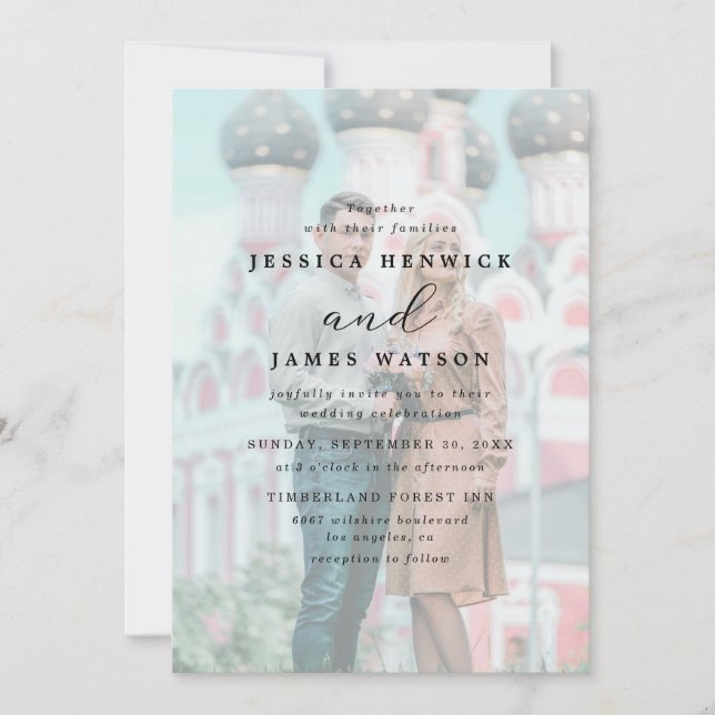 Whimsical Faux Vellum Effect Overlay Photo Wedding Invitation (Front)