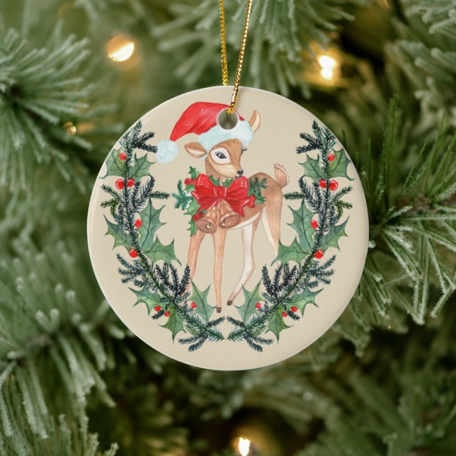 Whimsical Fawn Wreath Ceramic Tree Decoration (Tree)