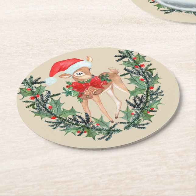 Whimsical Fawn Wreath Round Paper Coaster (Angled)