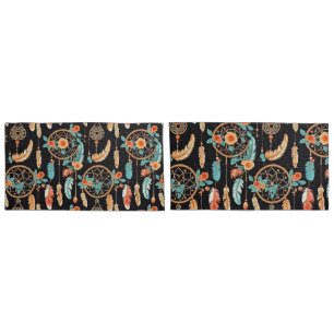 Whimsical feather dreamcatcher dark floral teal pillowcase
