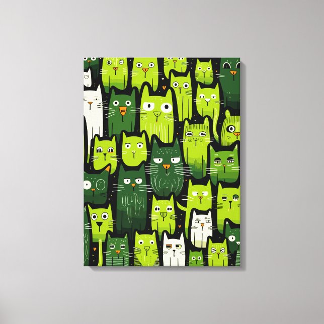 Whimsical Feline Delight - Green Doodle Cat Lover Canvas Print (Front)
