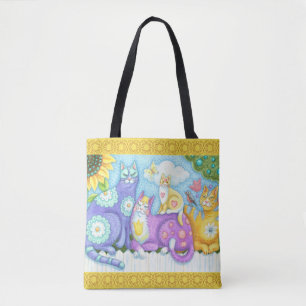 WHIMSICAL FELINE FRIENDS CAT TOTE BAG Yellow