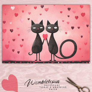 Whimsical Feline Pink & Red Love Heart Decoupage Tissue Paper