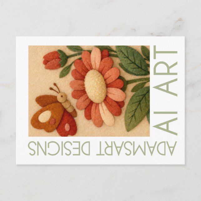 Whimsical Felted Butterfly and Flower Folk Art Postcard (Front)