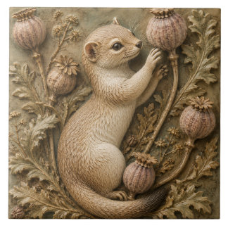 Whimsical Ferret & Poppy Seed Pods Autumn Tile