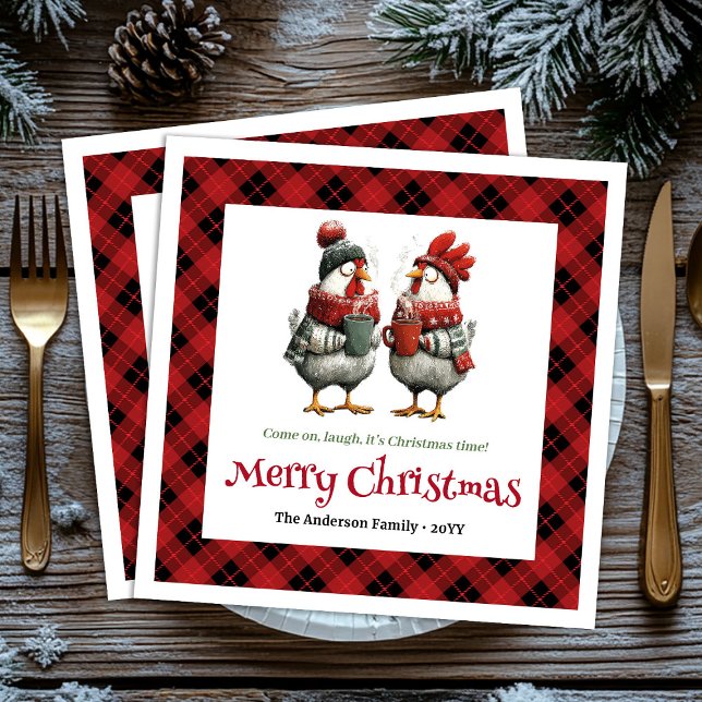 Whimsical festive chickens napkin with custom name (Modern Quirky Chickens Editable Cartoon Red Green Christmas Napkins

)