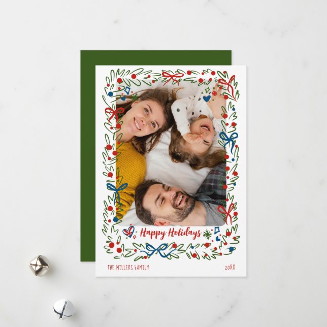 Whimsical festive Christmas Photo Card wreath (Front/Back In Situ)