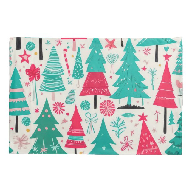 Whimsical Festive Christmas Tree Pattern  Pillowcase (Back)