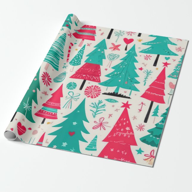 Whimsical Festive Christmas Tree Pattern  Wrapping Paper (Unrolled)