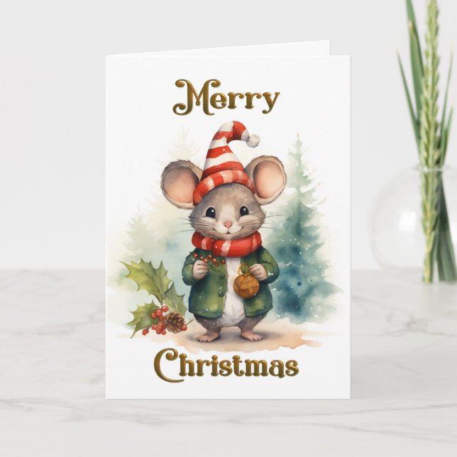 Whimsical Festive Mouse Christmas Card (Front)