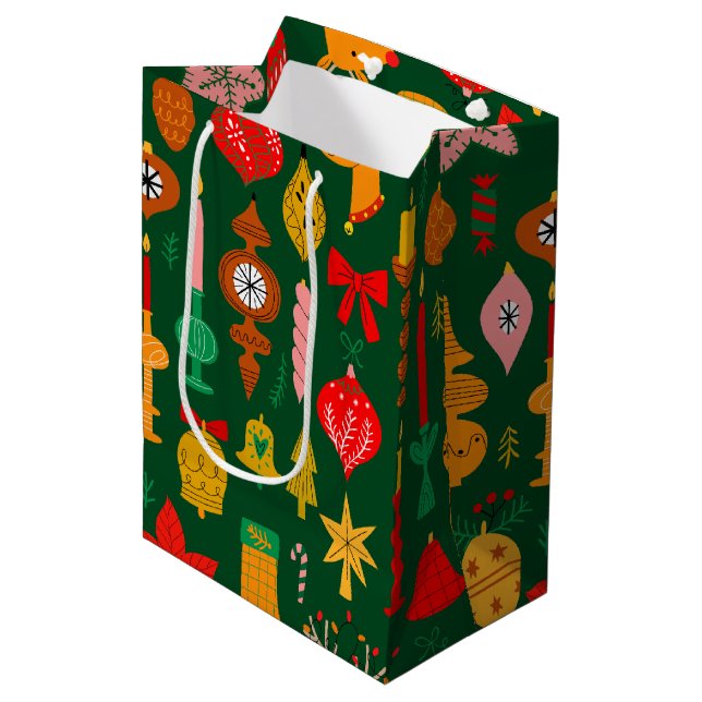 Whimsical Festive Ornaments & Reindeer Christmas Medium Gift Bag (Front Angled)